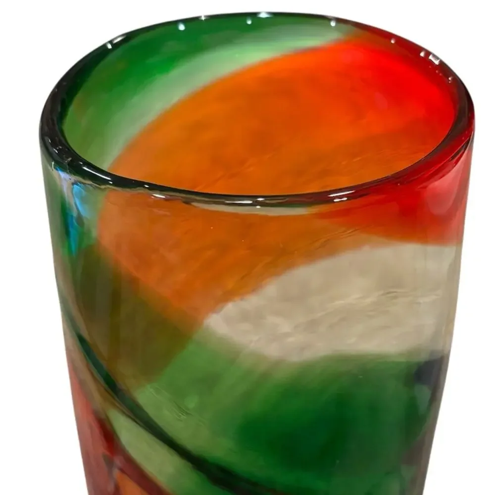 Art Glass Hand Blown Swirl Vase Red Green Clear 12